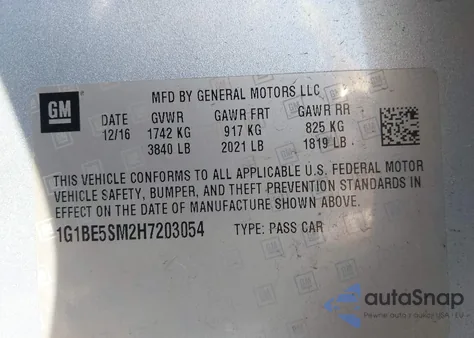 2017 Chevrolet Cruze Lt Auto z USA, uszkodzony, nr VIN 1G1BE5SM2H7203054